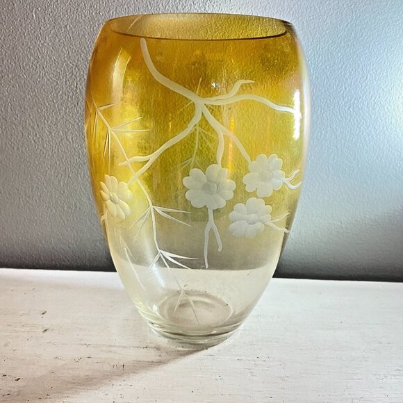 Vintage Mid-Century Etched Amber Glass Vase  8” Tall with Floral & Wheat Pattern - Picture 1 of 6